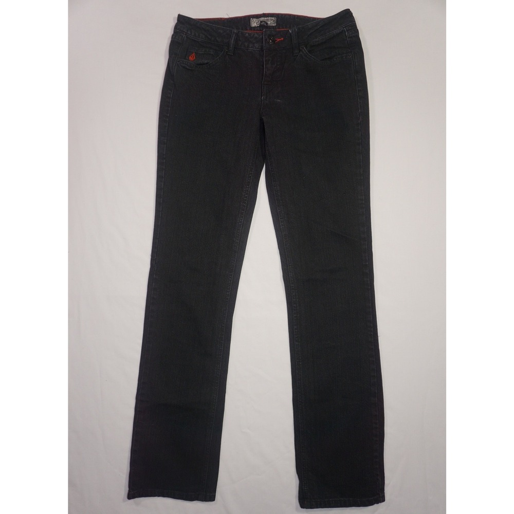 Volcom Size 9 Black Denim Red Contrast Stitching Straight Leg Jeans